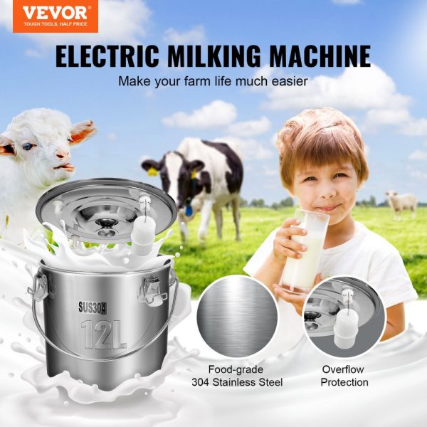 Goat Milking Machine 12L 304StainlessSteelBucket Electric Automatic Pulsation Vacuum Milker Portable with Adjustable Suction for CowsSheep - Image 2