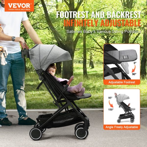 Adjustable Baby Stroller with Recline & Footrest & One-Click Fold, Cup Holder, Carry Bag, Dark Grey - Image 2