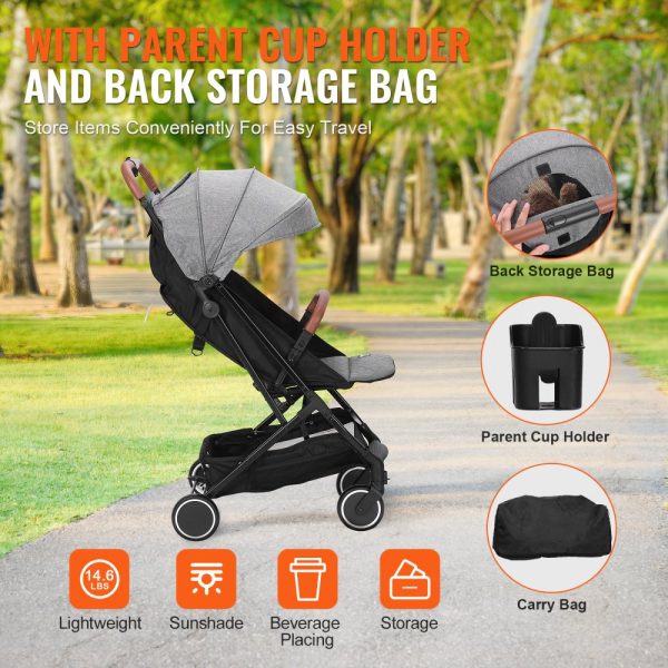 Adjustable Baby Stroller with Recline & Footrest & One-Click Fold, Cup Holder, Carry Bag, Dark Grey - Image 6