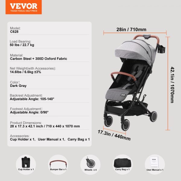 Adjustable Baby Stroller with Recline & Footrest & One-Click Fold, Cup Holder, Carry Bag, Dark Grey - Image 7