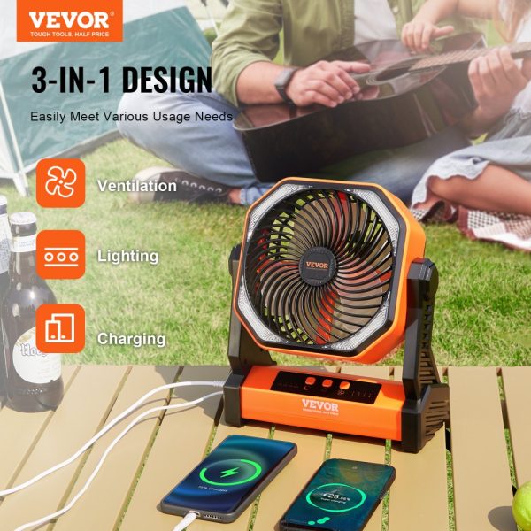8 Inch Rechargeable Battery Powered Portable Table Fan with LED Lantern - 4 Speeds USB Operated for Travel, Camping, Home, Office - Image 2