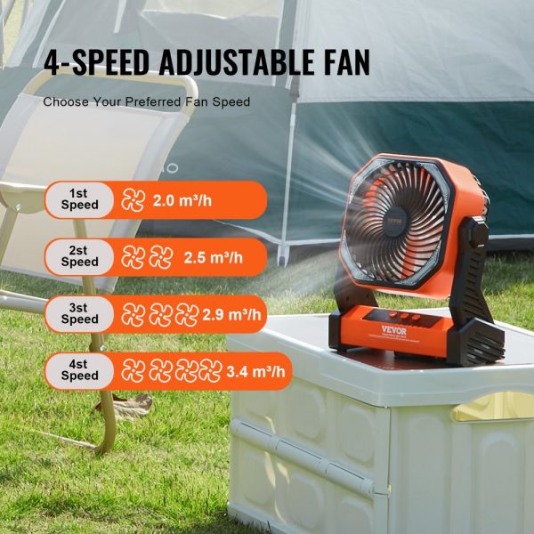8 Inch Rechargeable Battery Powered Portable Table Fan with LED Lantern - 4 Speeds USB Operated for Travel, Camping, Home, Office - Image 3