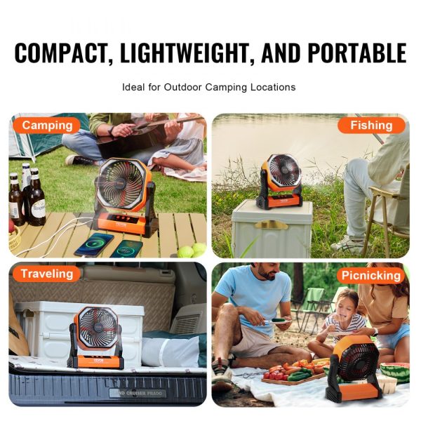 8 Inch Rechargeable Battery Powered Portable Table Fan with LED Lantern - 4 Speeds USB Operated for Travel, Camping, Home, Office - Image 6