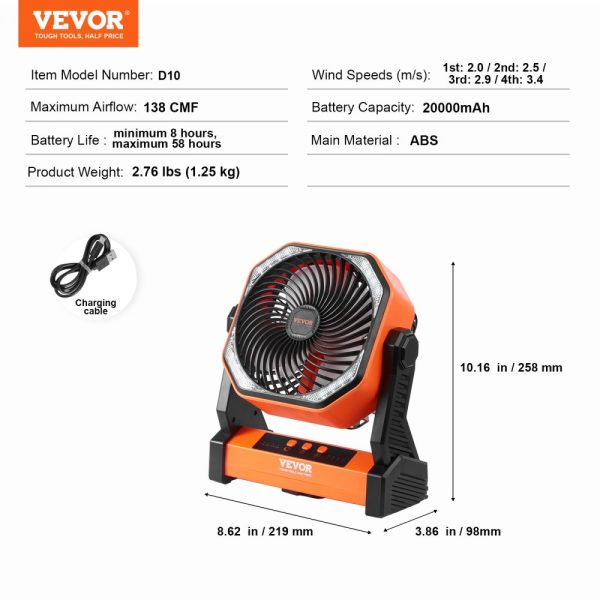 8 Inch Rechargeable Battery Powered Portable Table Fan with LED Lantern - 4 Speeds USB Operated for Travel, Camping, Home, Office - Image 7