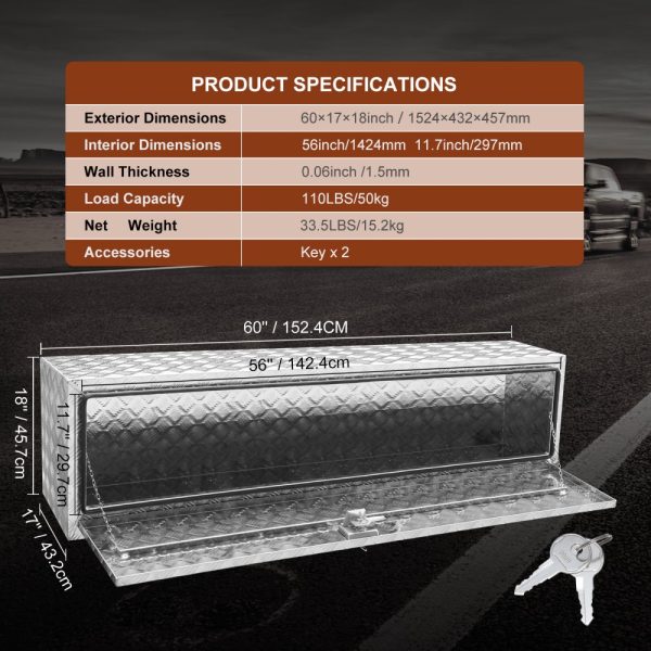 60x17x18 Heavy Duty Aluminum Waterproof Truck Tool Box with Lock T-Handle Latch for Trucks Vans Trailers - Image 7
