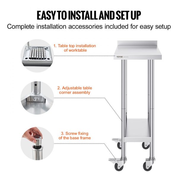 24x15x40 Inch Stainless Steel Food Prep Table with Casters Heavy Duty Metal Table for Commercial Kitchen Restaurant and Home Use with Adjustable Height - Image 6