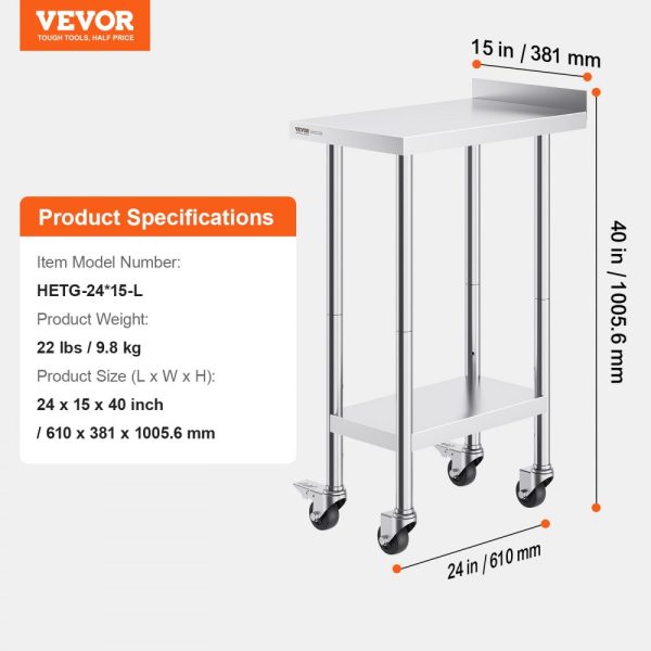 24x15x40 Inch Stainless Steel Food Prep Table with Casters Heavy Duty Metal Table for Commercial Kitchen Restaurant and Home Use with Adjustable Height - Image 7