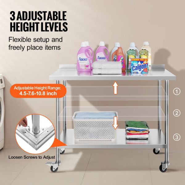 24x48x40 Inch Stainless Steel Commercial Food Prep Table with Casters Heavy Duty Adjustable Height for Restaurant Kitchen Home Hotel - Image 5