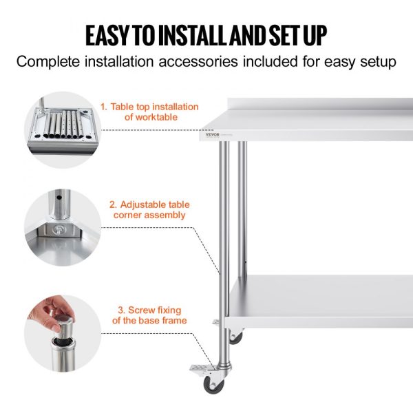 24x48x40 Inch Stainless Steel Commercial Food Prep Table with Casters Heavy Duty Adjustable Height for Restaurant Kitchen Home Hotel - Image 6