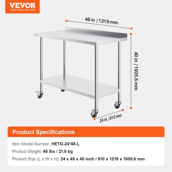 24x48x40 Inch Stainless Steel Commercial Food Prep Table with Casters Heavy Duty Adjustable Height for Restaurant Kitchen Home Hotel - Image 7