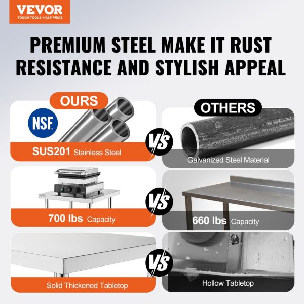 24x30x34 Inch Stainless Steel Workbench Sturdy Metal Table with 3 Adjustable Levels for Kitchen Restaurant Garage or Yard - Image 2