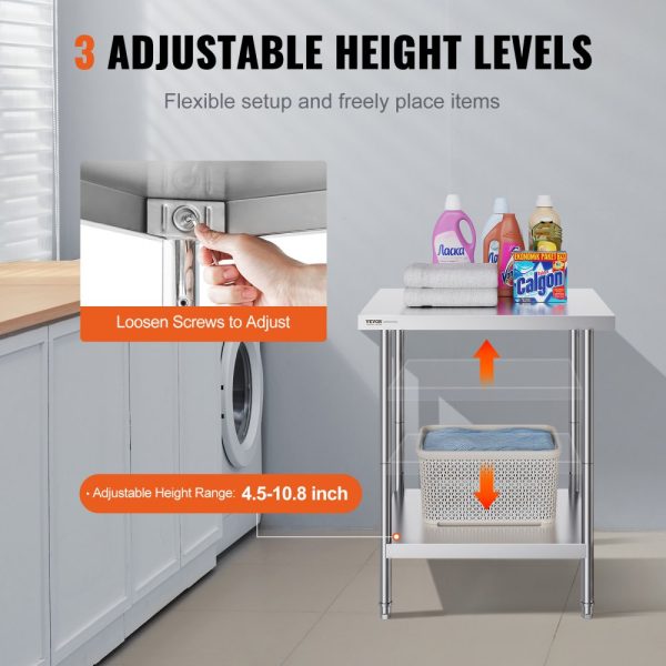 24x30x34 Inch Stainless Steel Workbench Sturdy Metal Table with 3 Adjustable Levels for Kitchen Restaurant Garage or Yard - Image 5