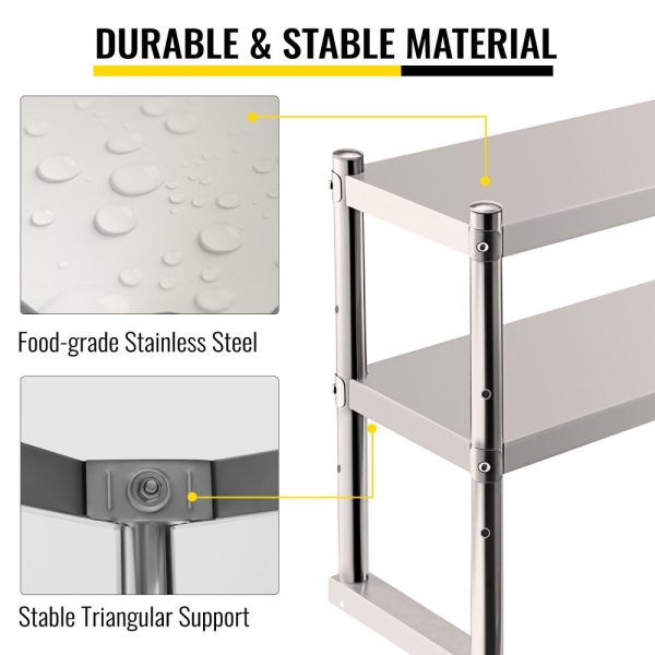 Stainless Steel Double Deck Prep Table Shelf, 60x12 Inches, Adjustable Height for Kitchen & Workshop - Image 2