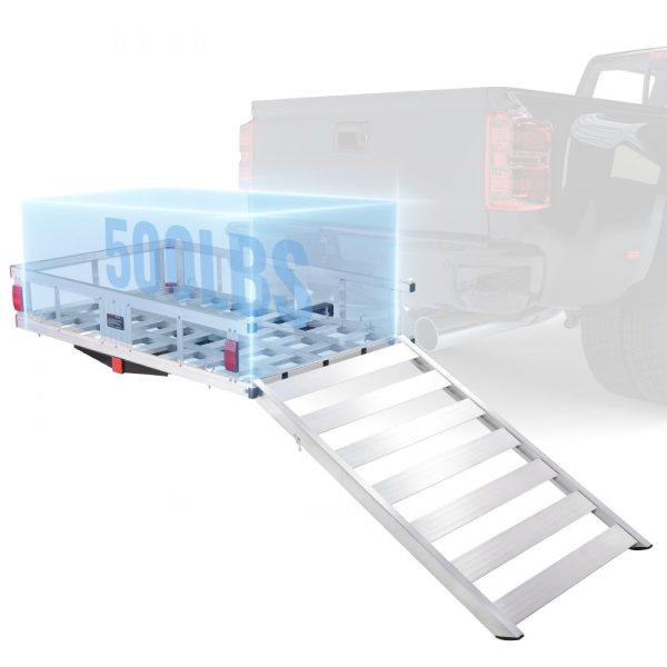 50x29.5x8.7 Inch Aluminum Cargo Rack Trailer Hitch Mount with Folding Ramp 500lbs Capacity SUV Truck Pickup Camping Cargo Carrier