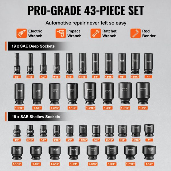 Impact Sockets Set 43pcs 6-Point 1/2in Drive Bit Ratchet Tool Kit Case - Image 3