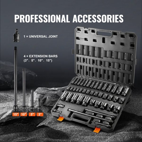 Impact Sockets Set 43pcs 6-Point 1/2in Drive Bit Ratchet Tool Kit Case - Image 4