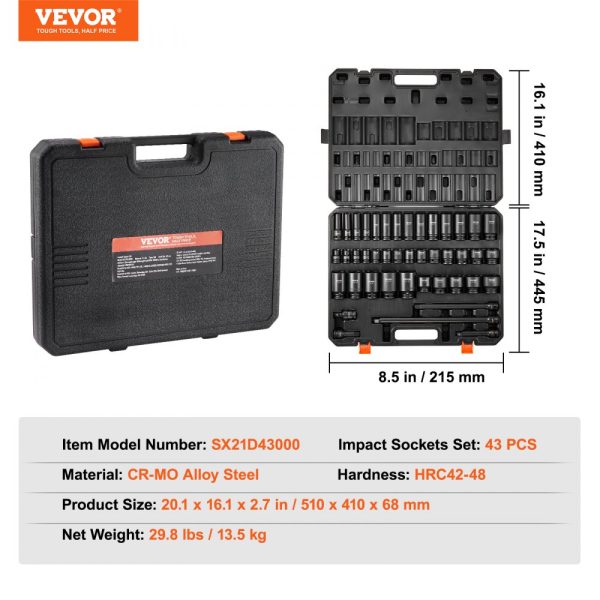 Impact Sockets Set 43pcs 6-Point 1/2in Drive Bit Ratchet Tool Kit Case - Image 7
