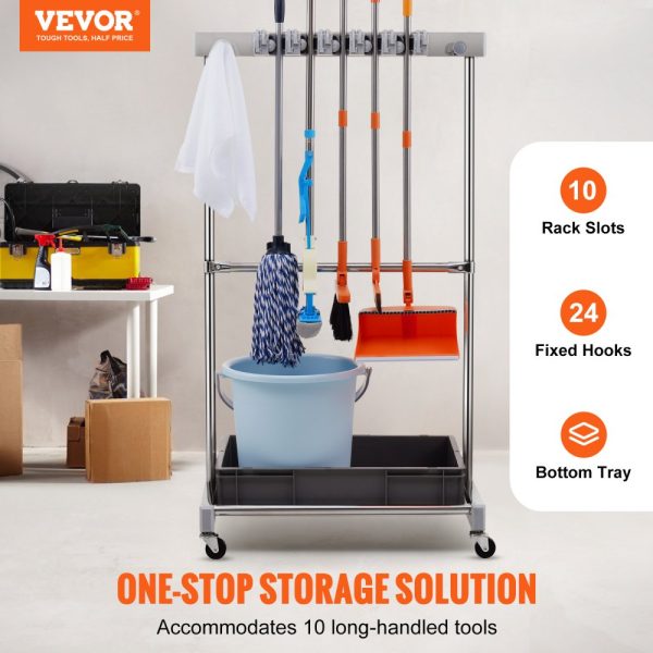 Garden Tool Rack with 10 Metal Hooks and Slots, Wheeled Design for Outdoor and Shed Storage, Holds Long-Handled Tools, Rakes, and Brooms - Image 2
