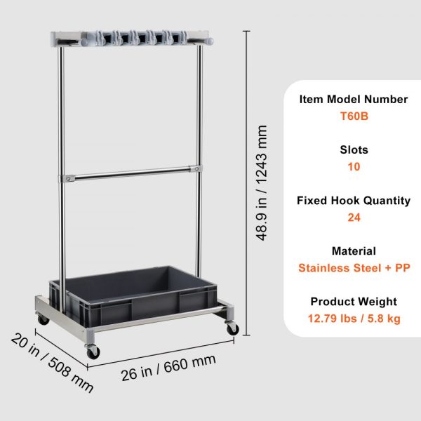 Garden Tool Rack with 10 Metal Hooks and Slots, Wheeled Design for Outdoor and Shed Storage, Holds Long-Handled Tools, Rakes, and Brooms - Image 7