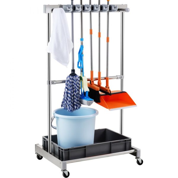 Garden Tool Rack with 10 Metal Hooks and Slots, Wheeled Design for Outdoor and Shed Storage, Holds Long-Handled Tools, Rakes, and Brooms