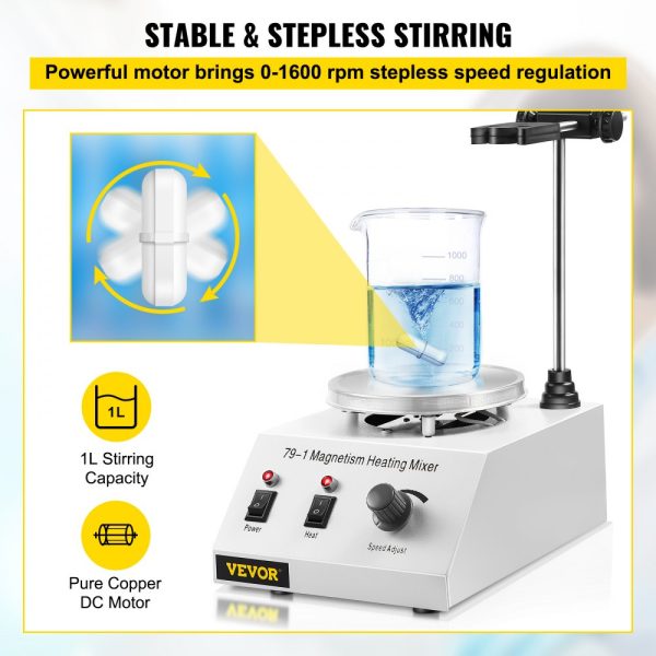 250W Adjustable Speed Magnetic Stirrer with Heating up to 158℉ (70℃) for Lab Use, 1000ML Capacity, Stand Included - Image 4