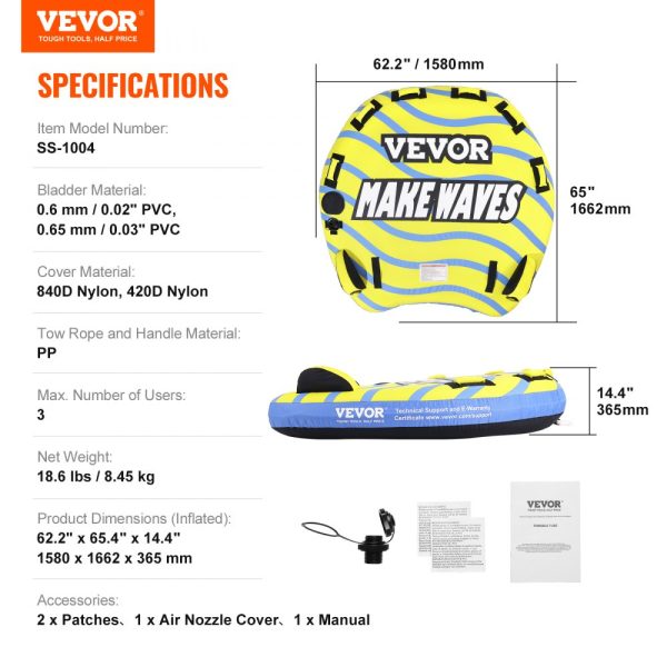 Towable Tube for Boating 1-3 Riders Bumper Fins 510 lbs Capacity Full Nylon Cover EVA Handles Speed Safety Valve - Image 7