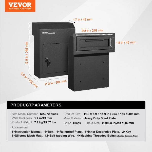 Through the Door Key Drop Mailbox Heavy Duty Steel 1.8 Key Lock 12x6x16 Black - Image 7
