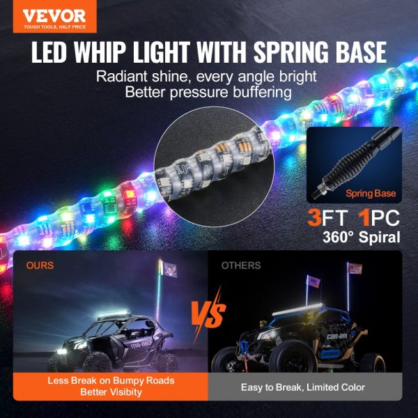 3FT Waterproof RGB Chasing Whip Light with Spring Base & Remote Control for UTVs, ATVs, Motorcycles, Go-Karts - Image 2