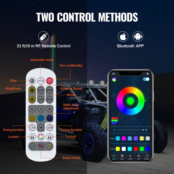 3FT Waterproof RGB Chasing Whip Light with Spring Base & Remote Control for UTVs, ATVs, Motorcycles, Go-Karts - Image 3