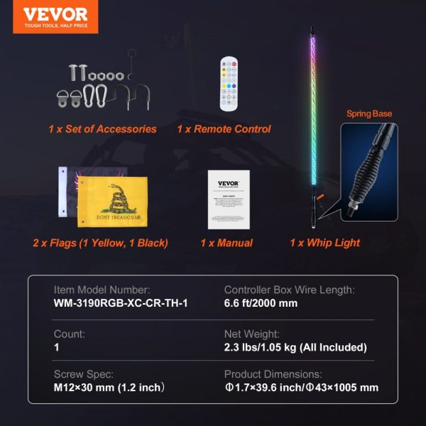 3FT Waterproof RGB Chasing Whip Light with Spring Base & Remote Control for UTVs, ATVs, Motorcycles, Go-Karts - Image 7