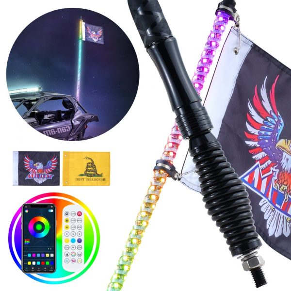 3FT Waterproof RGB Chasing Whip Light with Spring Base & Remote Control for UTVs, ATVs, Motorcycles, Go-Karts