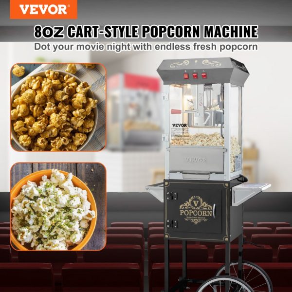 Popcorn Popper Machine with Cart  Popcorn Maker 850W 8 Oz 48 Cups Black - Image 2