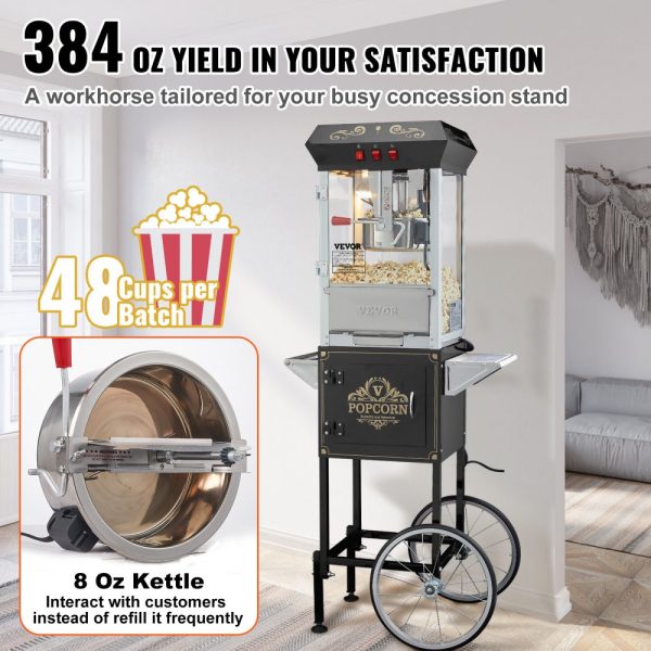 Popcorn Popper Machine with Cart  Popcorn Maker 850W 8 Oz 48 Cups Black - Image 3