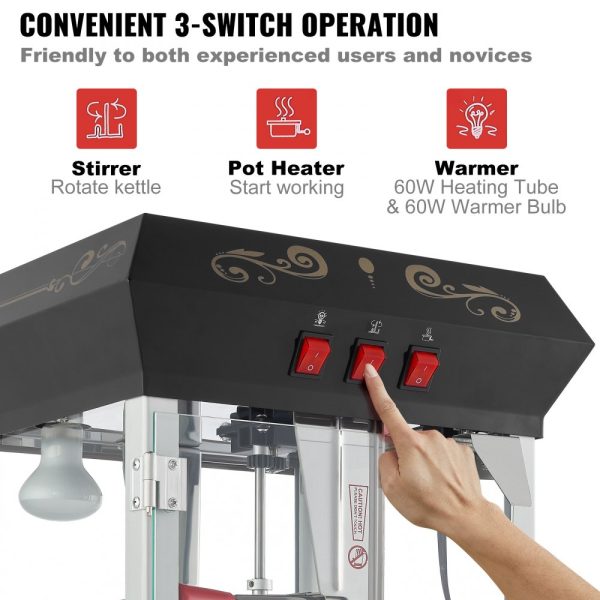 Popcorn Popper Machine with Cart  Popcorn Maker 850W 8 Oz 48 Cups Black - Image 5