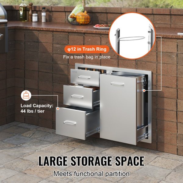 Outdoor Kitchen Door & Drawer Combo - 29.5W x 22.6H x 21.7D inches, Access Door & Triple Drawers with Propane Storage & Adjustable Trash Ring for BBQ Island Patio Grill Station - Image 3