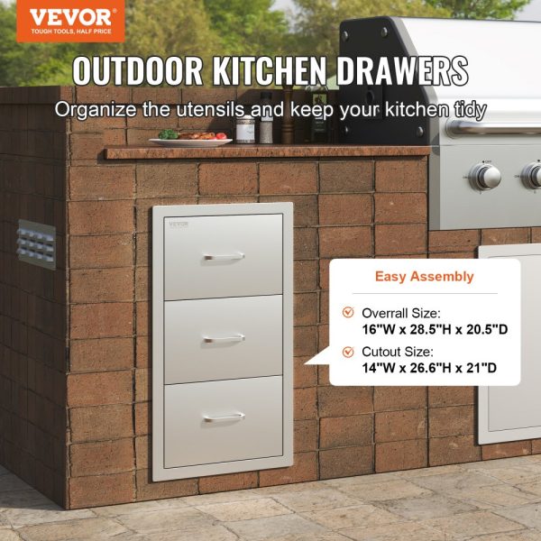 Flush Mount Outdoor Kitchen Drawers 16x28.5x20.5 Triple Access BBQ Island Storage Stainless Steel With Handle for Outdoor Kitchens & Patio BBQ Areas - Image 2