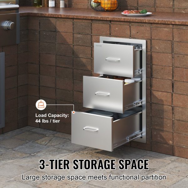Flush Mount Outdoor Kitchen Drawers 16x28.5x20.5 Triple Access BBQ Island Storage Stainless Steel With Handle for Outdoor Kitchens & Patio BBQ Areas - Image 3