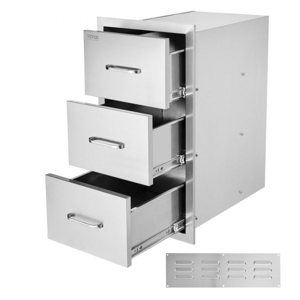 Flush Mount Outdoor Kitchen Drawers 16x28.5x20.5 Triple Access BBQ Island Storage Stainless Steel With Handle for Outdoor Kitchens & Patio BBQ Areas