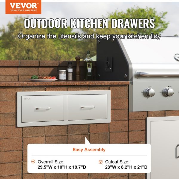 29.5W x 10H x 19.7D Stainless Steel Outdoor Kitchen BBQ Access Drawers Double Drawers with Handle BBQ Island or Patio Grill Station - Image 2