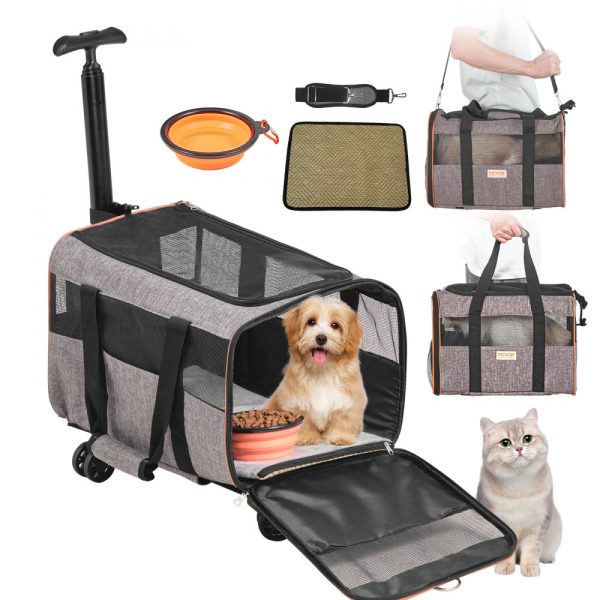 Airline-Approved Wheeled Pet Carrier with Telescoping Handle & Shoulder Strap for Small Pets Under 22 lbs, Including Folding Bowl