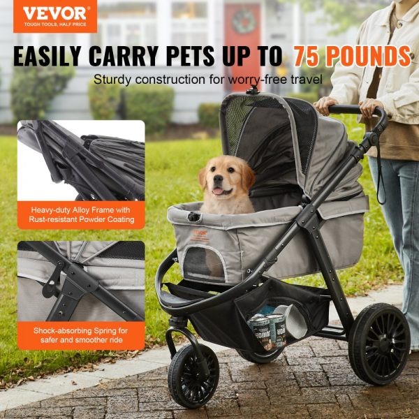 Pet Dog Stroller with 3 PU Wheels, Rotating Brakes, 75 lbs Capacity, Pet Pad, Storage Basket, and Cup Holder for Small Medium Dogs, Grey - Image 2