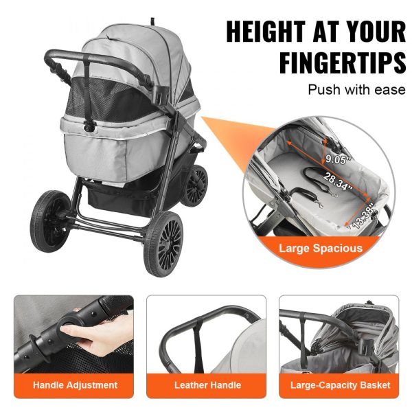 Pet Dog Stroller with 3 PU Wheels, Rotating Brakes, 75 lbs Capacity, Pet Pad, Storage Basket, and Cup Holder for Small Medium Dogs, Grey - Image 5