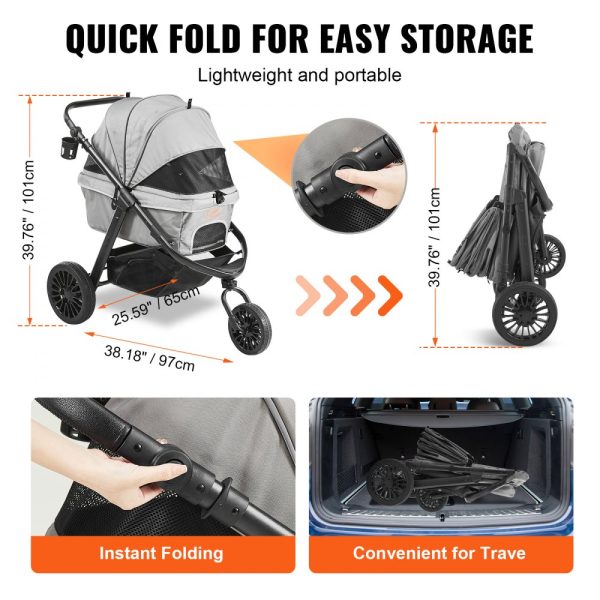 Pet Dog Stroller with 3 PU Wheels, Rotating Brakes, 75 lbs Capacity, Pet Pad, Storage Basket, and Cup Holder for Small Medium Dogs, Grey - Image 6