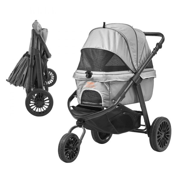 Pet Dog Stroller with 3 PU Wheels, Rotating Brakes, 75 lbs Capacity, Pet Pad, Storage Basket, and Cup Holder for Small Medium Dogs, Grey