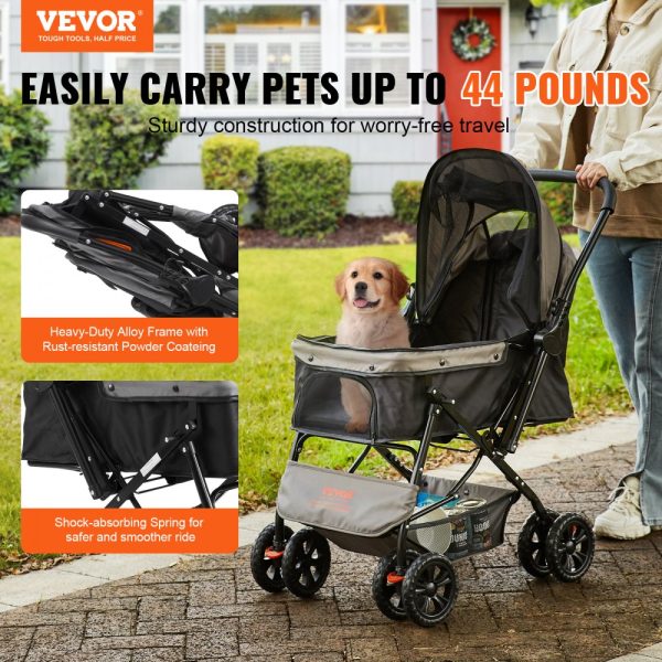 Pet Stroller 4 Wheel Dog Cat Travel Carrier with Reversible Handlebar Brake System and Storage Basket Black Grey - Image 2
