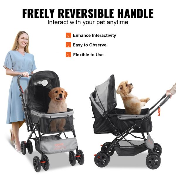 Pet Stroller 4 Wheel Dog Cat Travel Carrier with Reversible Handlebar Brake System and Storage Basket Black Grey - Image 5