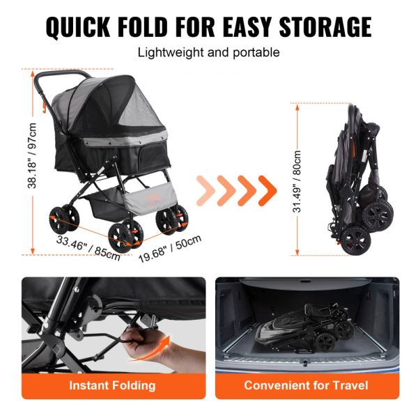 Pet Stroller 4 Wheel Dog Cat Travel Carrier with Reversible Handlebar Brake System and Storage Basket Black Grey - Image 6