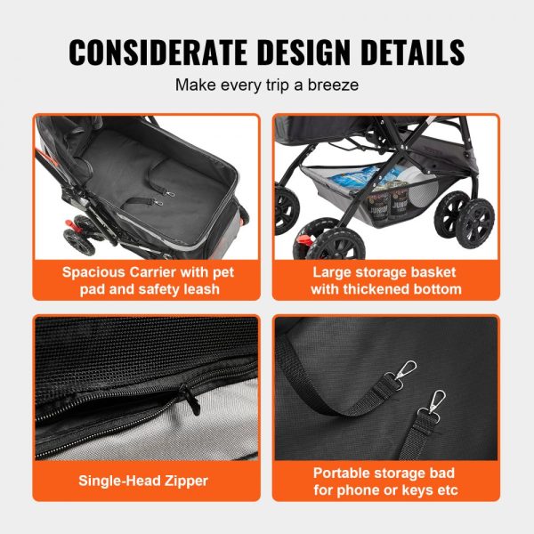 Pet Stroller 4 Wheel Dog Cat Travel Carrier with Reversible Handlebar Brake System and Storage Basket Black Grey - Image 7