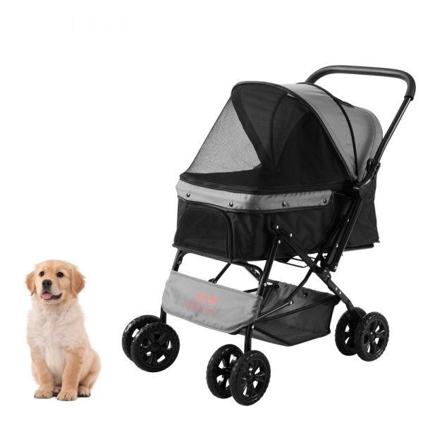 Pet Stroller 4 Wheel Dog Cat Travel Carrier with Reversible Handlebar Brake System and Storage Basket Black Grey