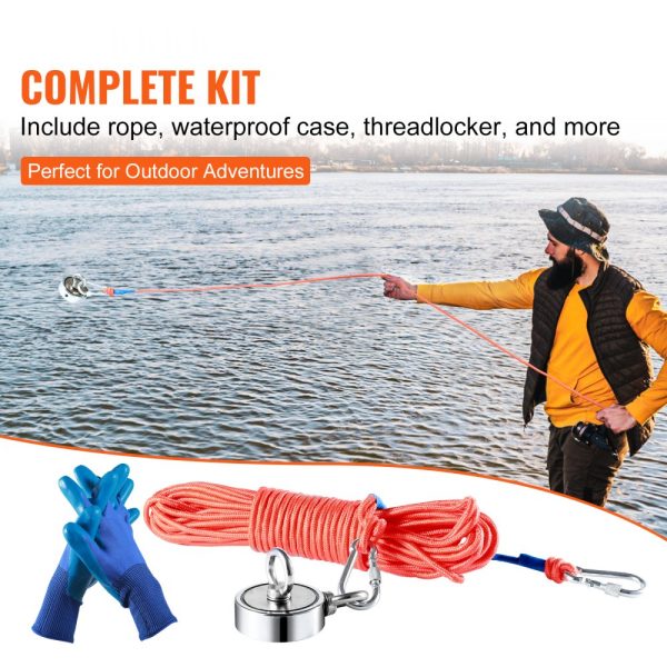 Magnet Fishing Kit 1200lbs Capacity 2.95 Diameter Double-Sided Angler Magnet Heavy Duty 65FT Rope Grappling Hook Waterproof Case Gloves Threadlocker Eye Bolt - Image 3